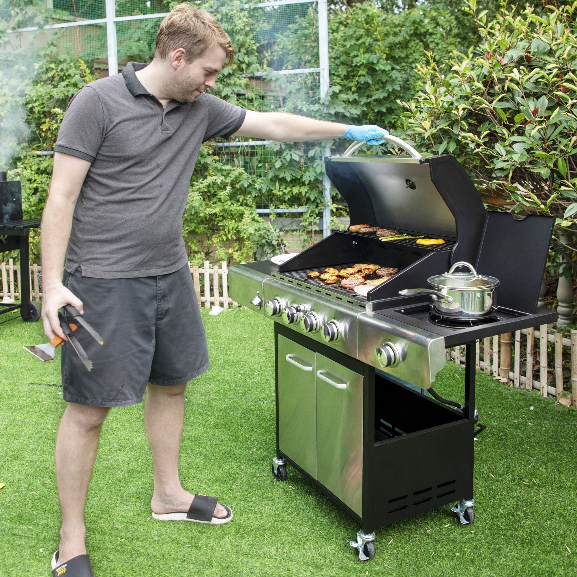 & William Stainless Steel Portable 4-Burner Propane Gas Grill with Side Burner