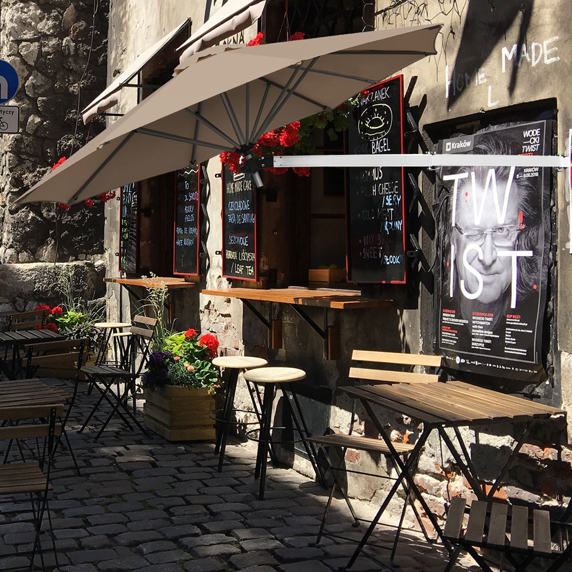 Gymax 8FT Patio Wall Mounted Cantilever Umbrella Parsol w/ Adjustable Pole Tan