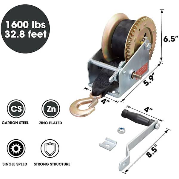 1600 lbs. 2 in. W 32.8 ft. Manual Hand Strap Winch