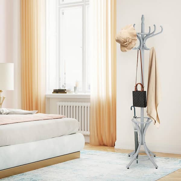 Gray Wooden Standing Coat Rack Tree with 12 Hooks and Umbrella Stand