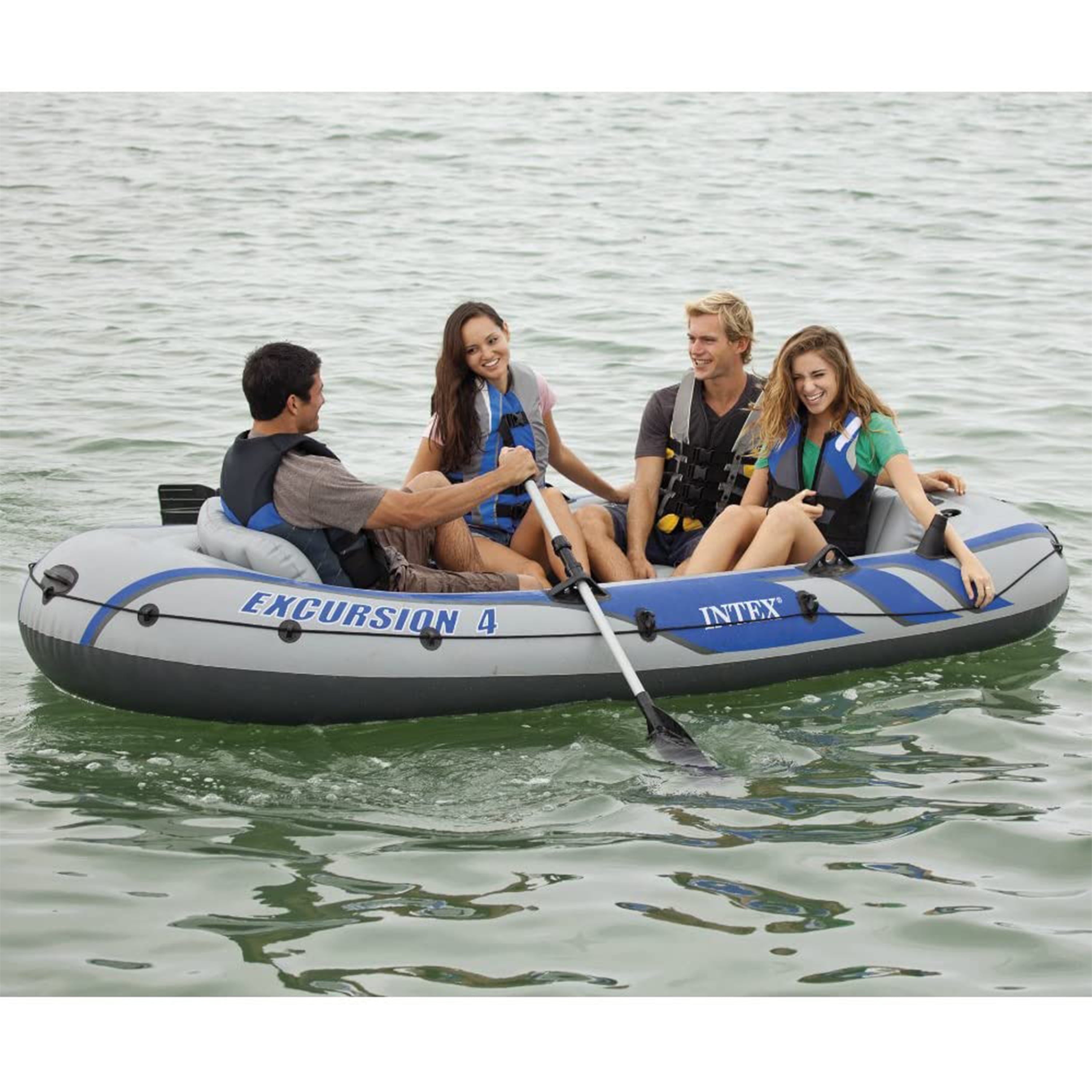 Intex Excursion 4 Person Inflatable Rafting and Fishing Boat Set with 2 Oars