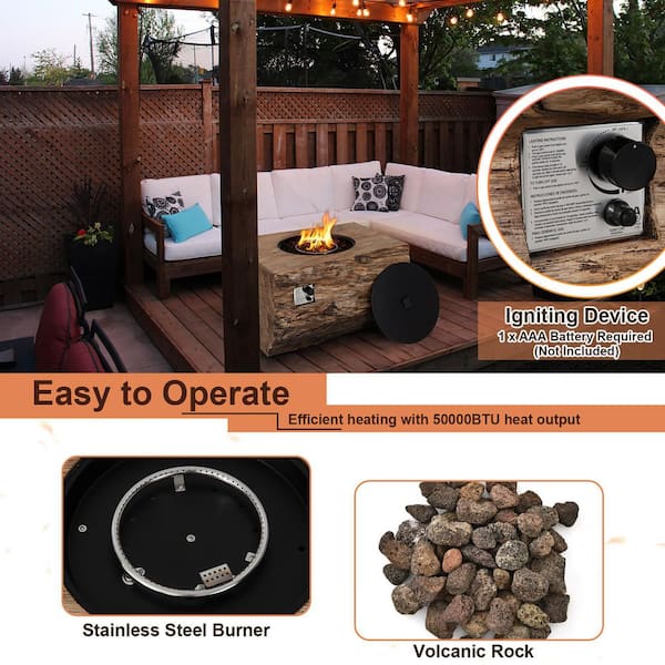 Rectangle Propane 40 in. Stone Metal Fire Pit Table Wood-Like Surface with Lava Rock PVC Cover