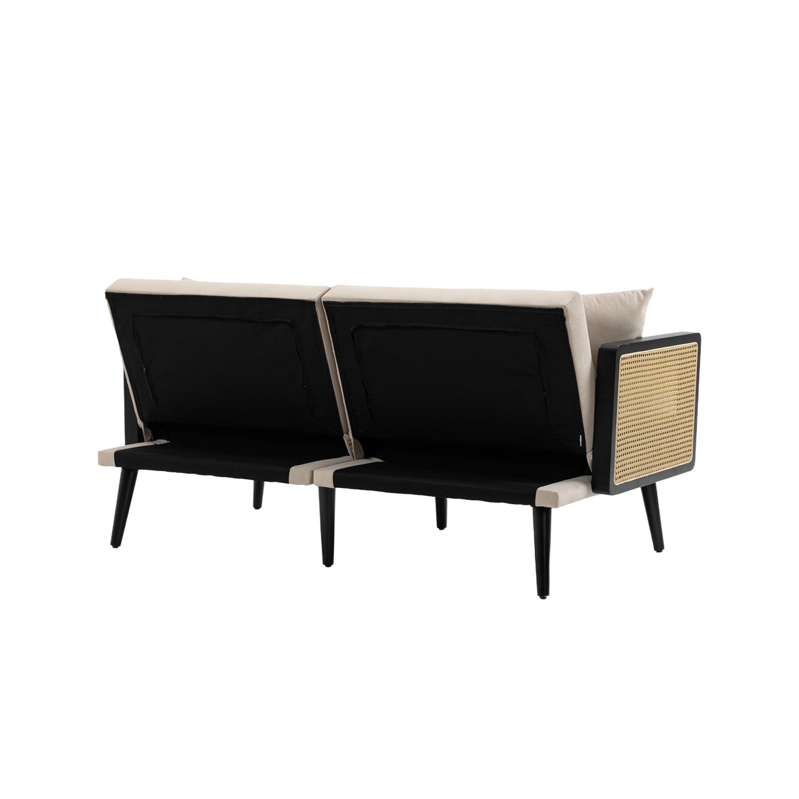 61 Inch Velvet Convertible Futon Sofa Bed, Upholstered Loveseat Sleeper Sofa with Rattan Arm and 6 Sturdy Legs, Tufted Folding Couch Sofa for Living Room, Bedroom, Beige