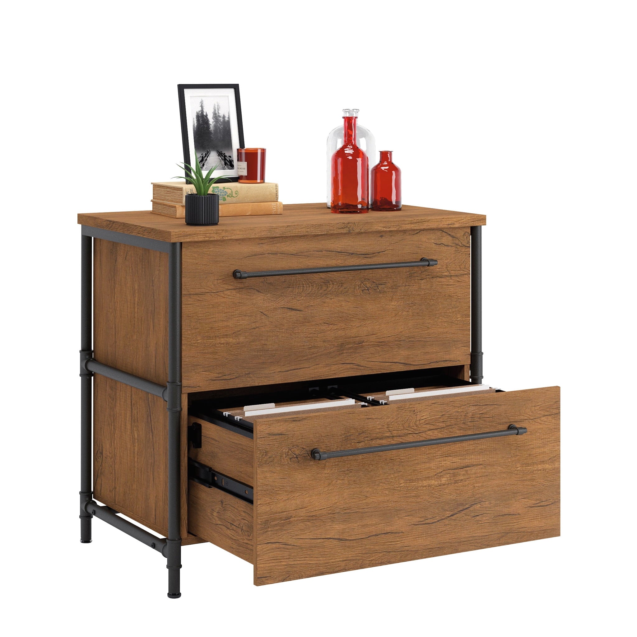 Sauder Iron City Industrial Interlocking 2 Drawer Lateral File Cabinet, Checked Oak Finish