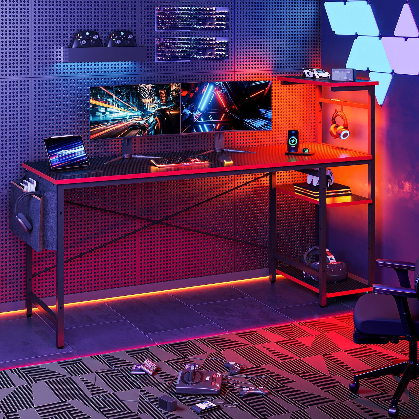Bestier Reversible 63 inch Gaming Desk Computer Desk with LED Lights 4 Tier Shelves Carbon Fiber
