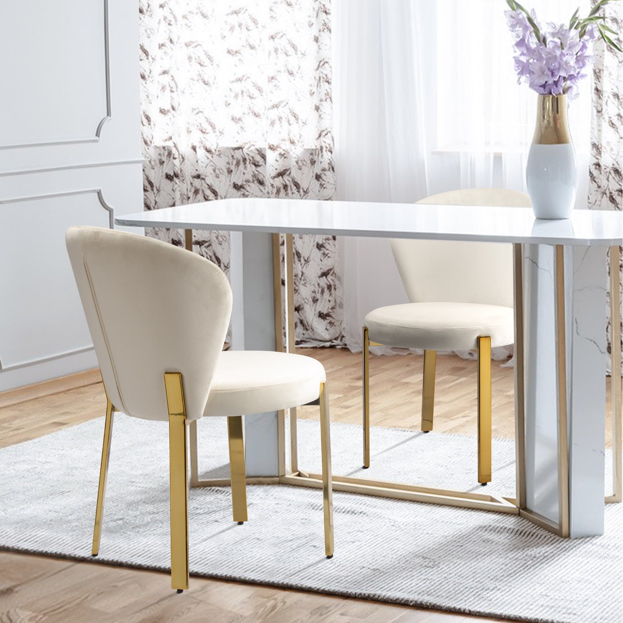 WELLET Velvet Dining Chairs, Upholstered Gold Legged, Set of 2, Cream