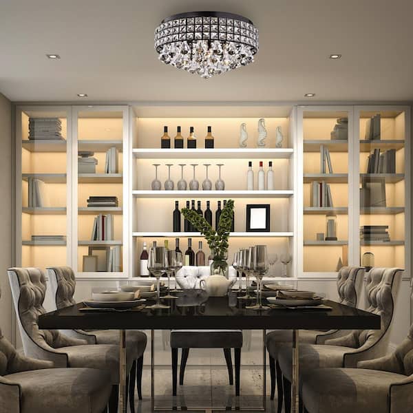 Alyvia 15 in. 4-Light Modern Antique Black Glam Drum Crystal Flush Mount