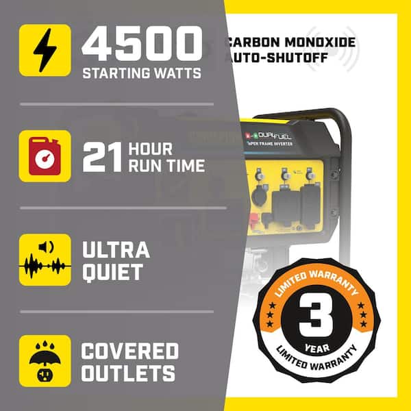 4500-Watt Recoil Start Gasoline and Propane Powered Dual Fuel Open Frame Inverter Generator with CO Shield