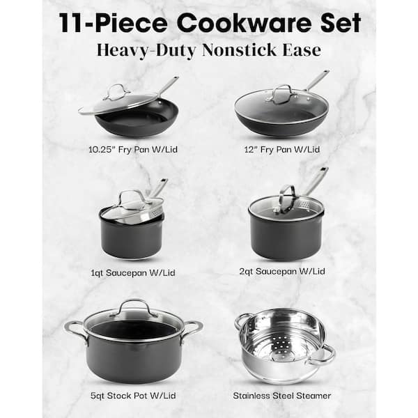 Professional 2x Hard Anodized 11-Piece Aluminum Ceramic Nonstick Coating Cookware Set in Black