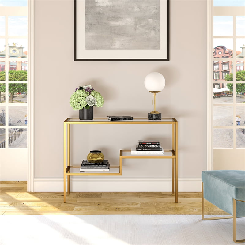 Pemberly Row Traditional Two Tier Metal Console Table in Gold and Brass Finish
