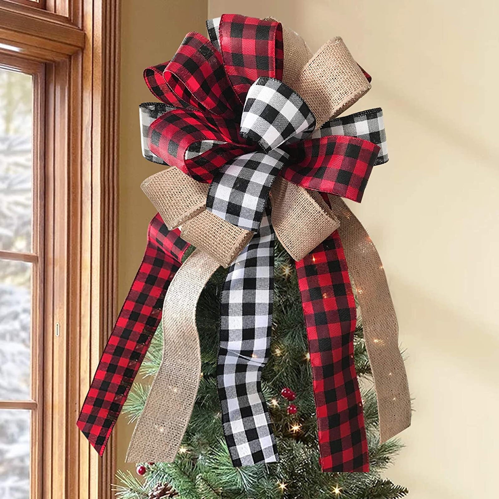 Christmas Tree Topper, Rustic Buffalo Plaid Decorative Bow for Holiday Décor