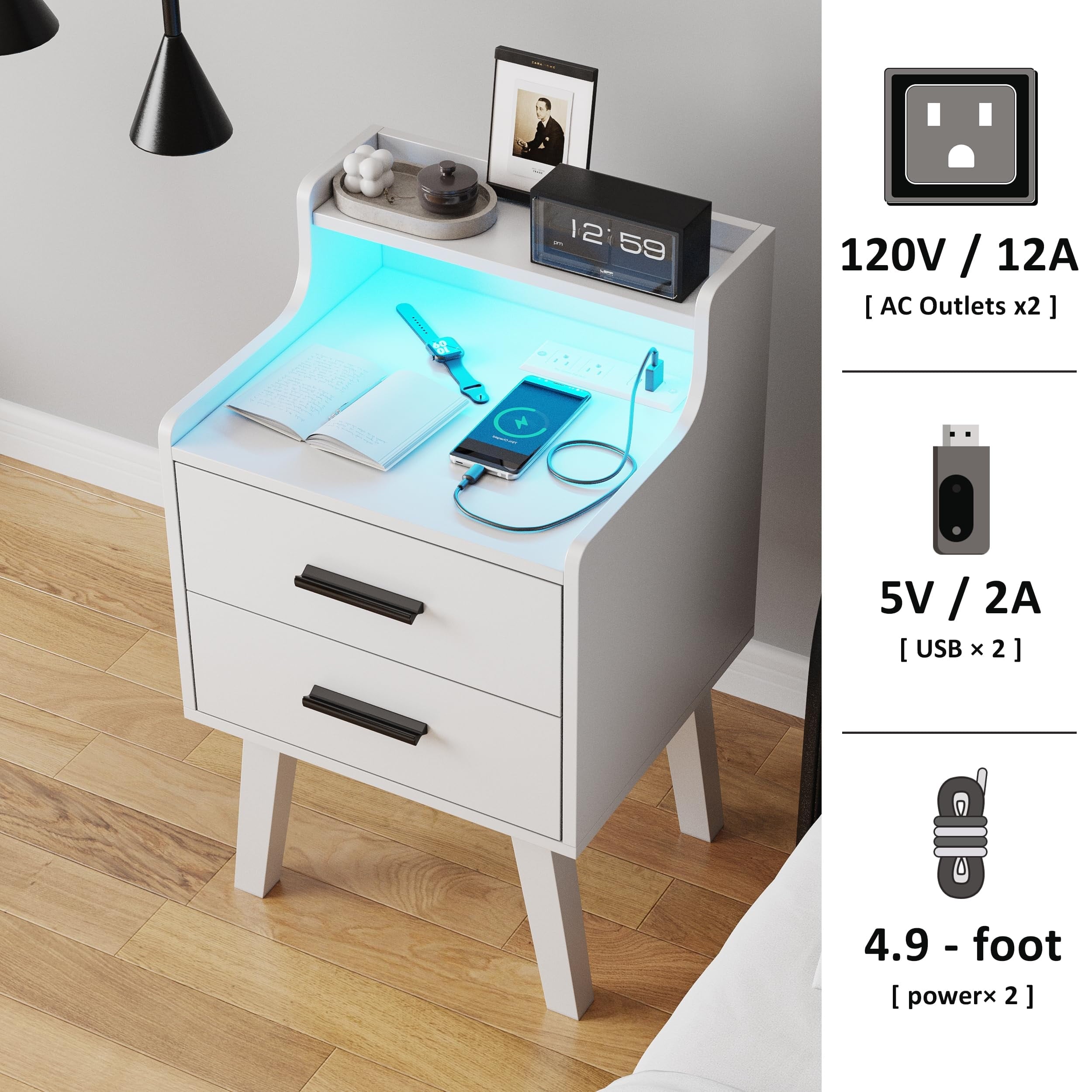 VEANERWOOD White Nightstand with Charging Station, Night Stand Set 2 with Drawers& LED Lights, Bedside Tables with Legs, Modern nightstands for Bedroom
