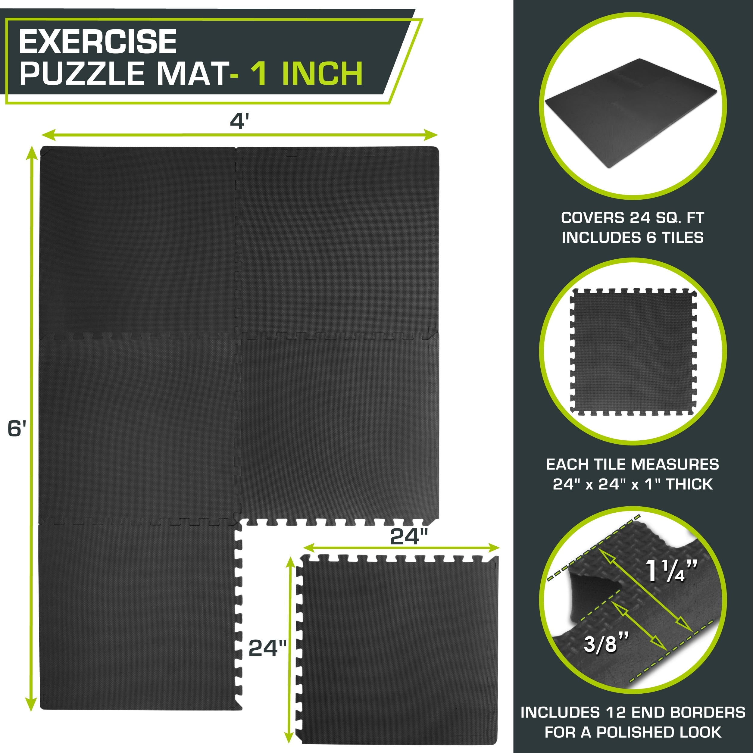 ProsourceFit Exercise Puzzle Mat 1-in, Black, 24 Sq ft - 6 Tiles