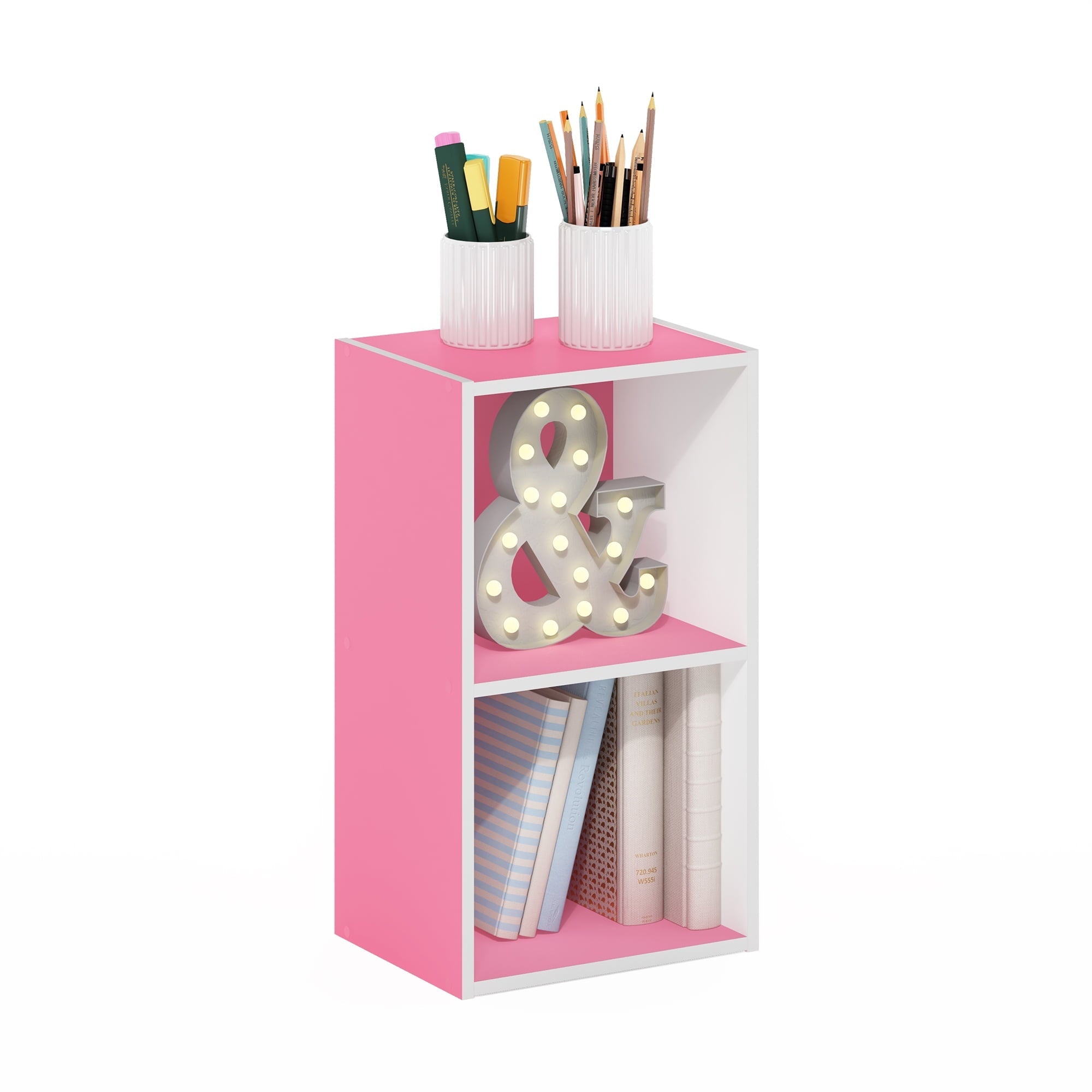 Furinno Pasir 2-Tier Open Shelf Bookcase, Pink/White