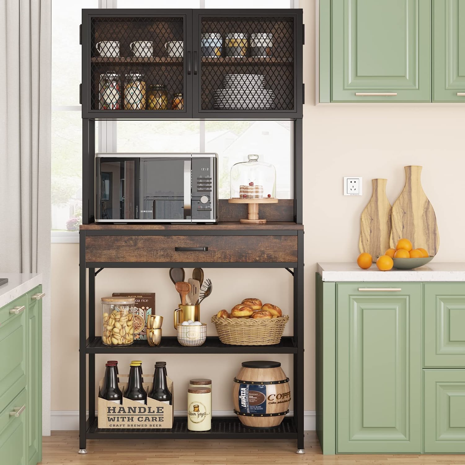 Tribesigns Kitchen Bakers Rack, Microwave Oven Stand with Open Shelves Cabinet and Drawer, Brown