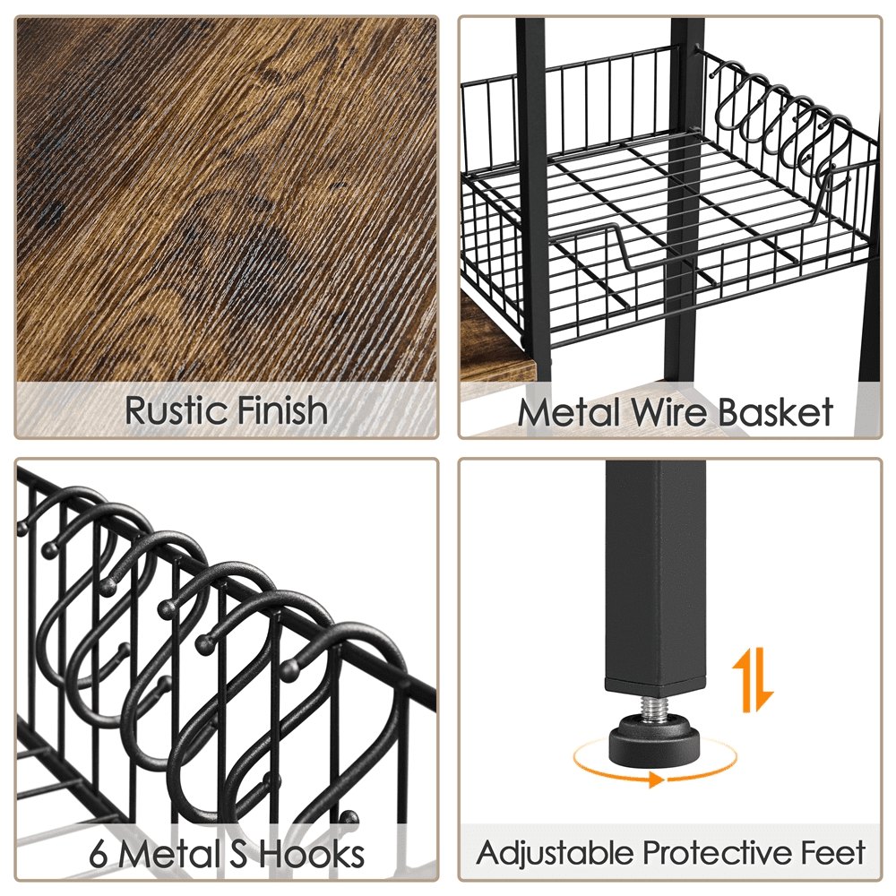 SmileMart 56″H 5-Tier Baker’s Rack with Wire Basket & Power Outlets With 6 S-shaped Hooks & Wire Basket, Rustic Brown
