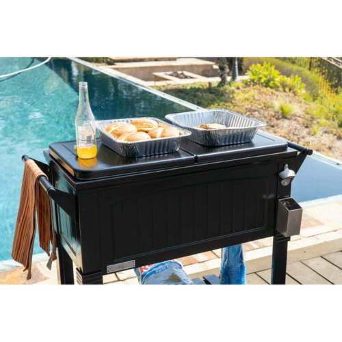 80-Qt Antique Outdoor Steel Patio Cooler on Wheels, Rolling Cooler Cart, Wooden