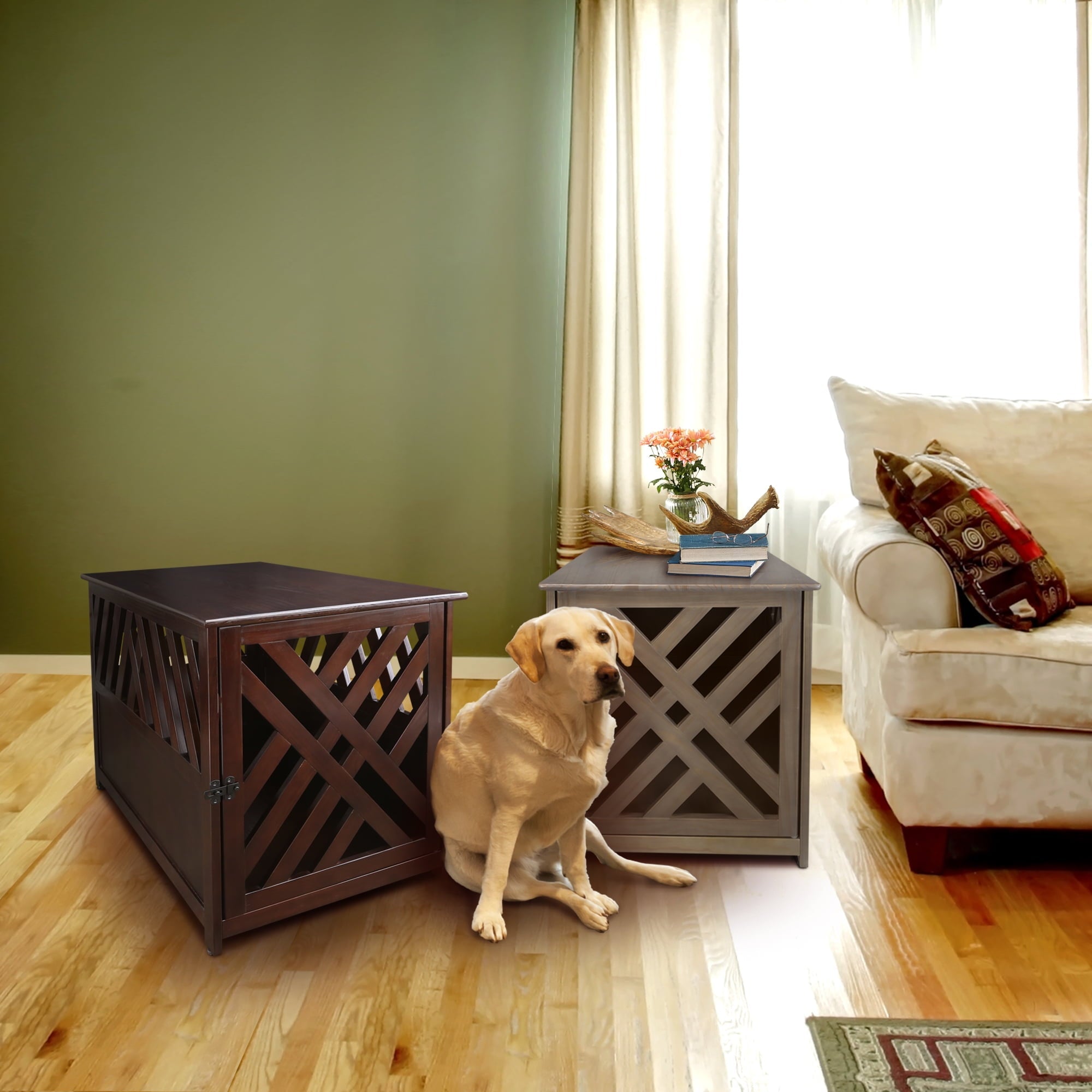 Casual Home Modern Lattice Wooden Pet Crate End Table, Espresso, Medium, 33
