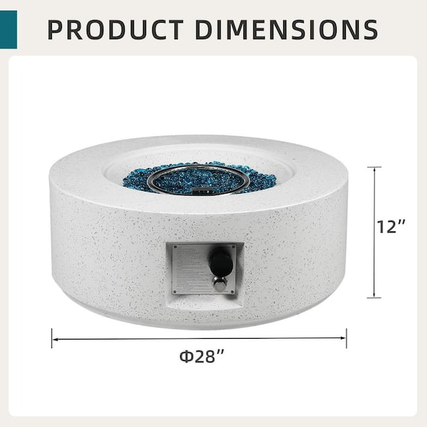 28 in. Round Terrazzo Propane Gas Off-white Fire Pit Table, 40,000 BTU with Blue Glass Stones and Rain Cover