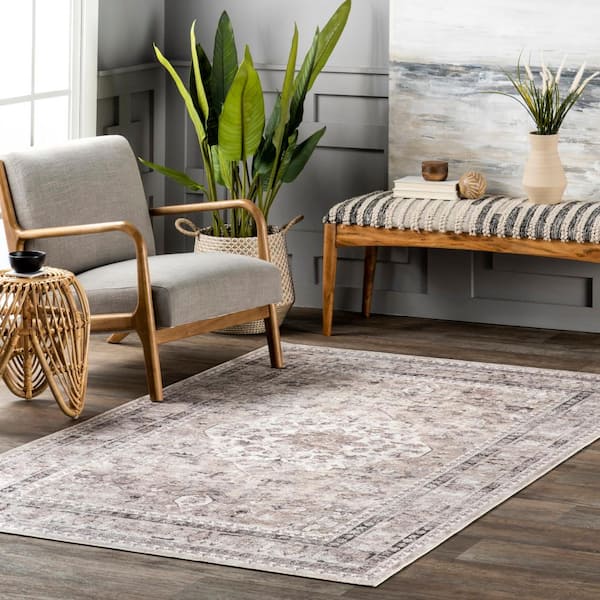 Davi Faded Stain-Resistant Machine Washable Taupe 8 ft. x 10 ft. Area Rug