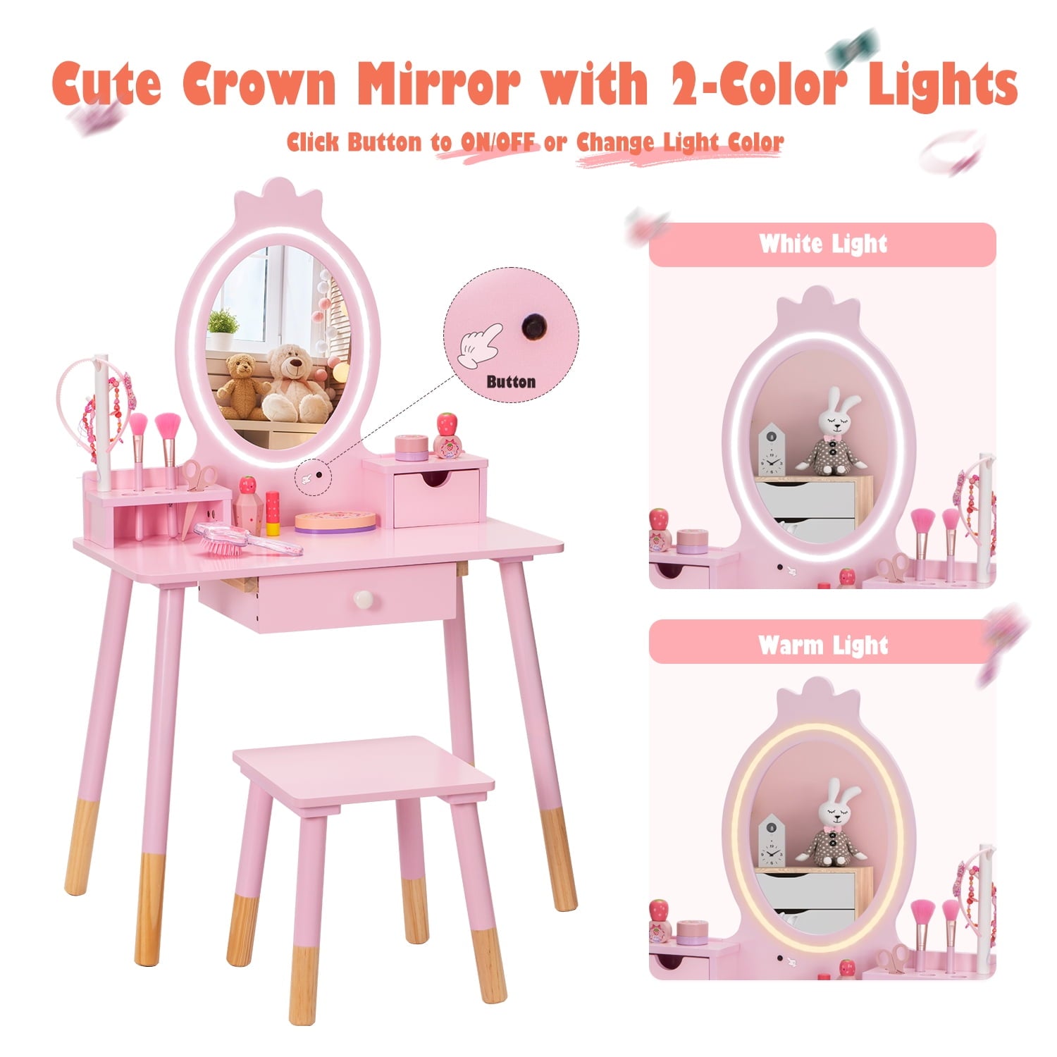 BRINJOY Kids Vanity Set with Mirror, Wooden Make Up Beauty&nbsp;Dressing Table with Lights & Stool & Jewelry Rack & Storage Board, Children Princess Vanity Table Pretend Playset for Girls