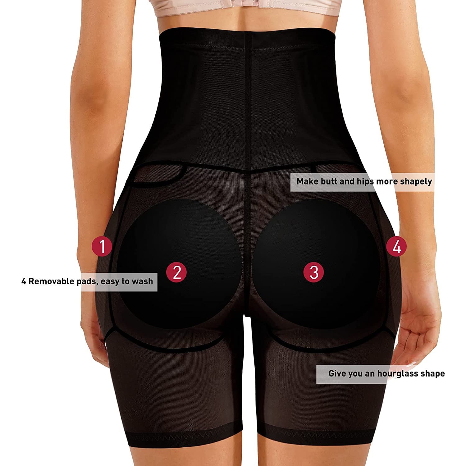MISS MOLY Womens Shapewear Padded Butt Lifter High Waist Trainer Tummy Control Panties Hip Enhancer with Removable 4 Pads