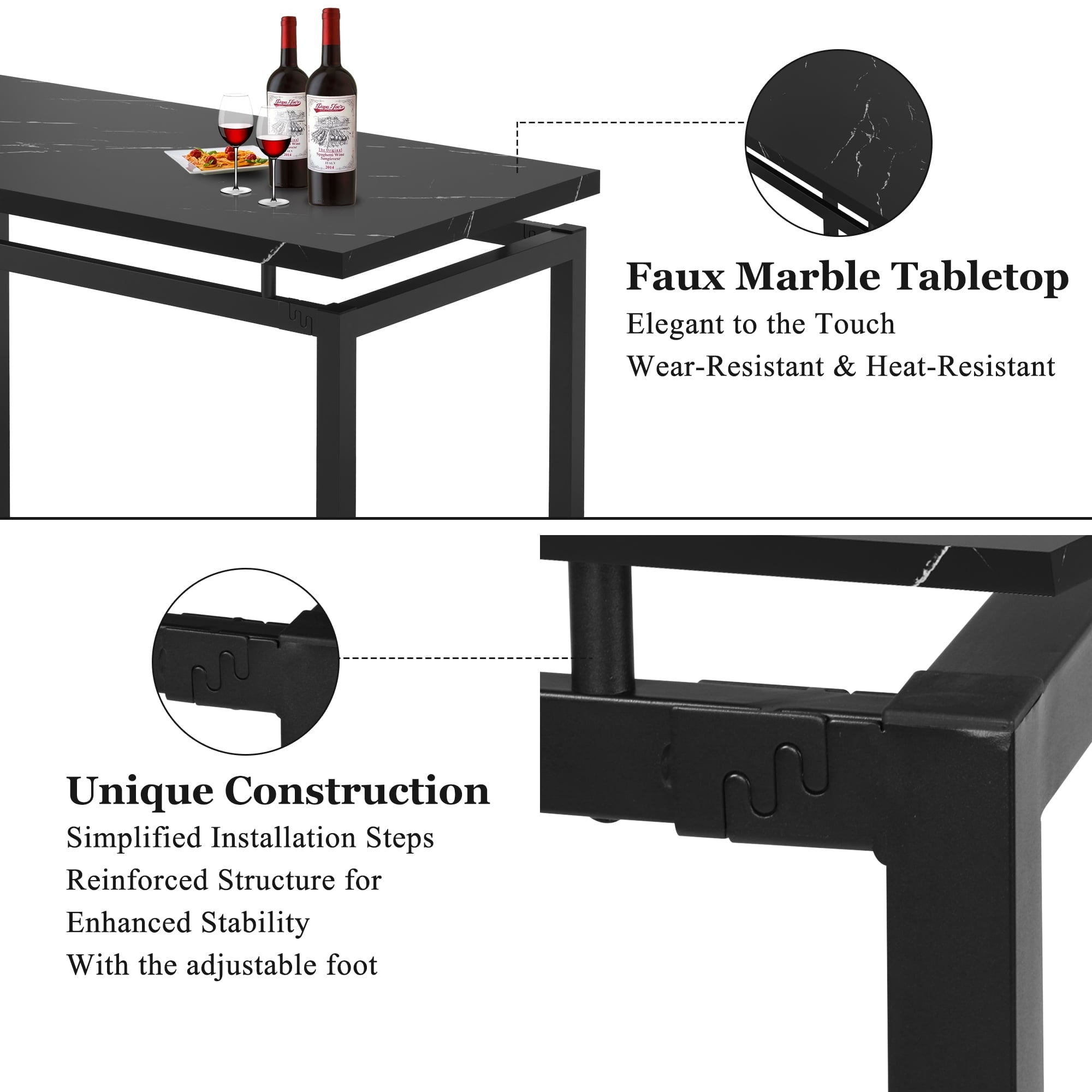 Counter Height Dining Set for 4, BTMWAY 5-Piece Bar Height Dining Room Table Sets, Faux Marble Dining Table and 4 Upholstered Chairs Set, Space Saving Metal Frame Breakfast Diner Table Set, Black