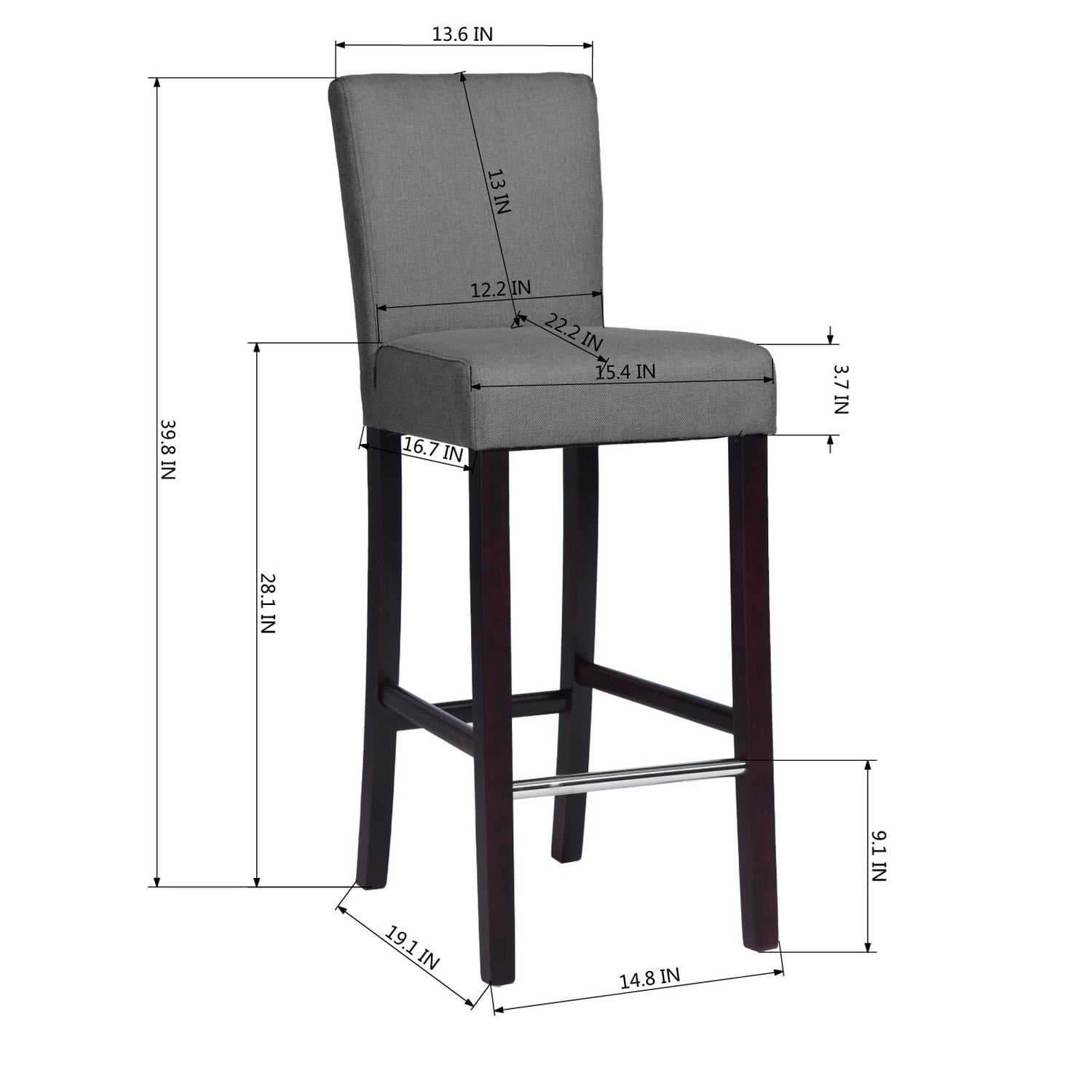 Homy Casa Set of 2 Bar Stools 28'' Upholstered Kitchen Breakfast Chairs Nailhead Bar Stools Full Back & Wood Legs, Gray