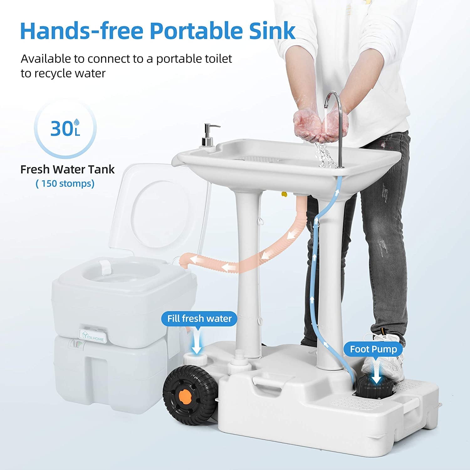 Portable Camping Sink with Rolling Wheels, Hand Washing Station with 30 L Water Capacity, Soap Dispenser, Towel Holder, Ideal for Outdoor