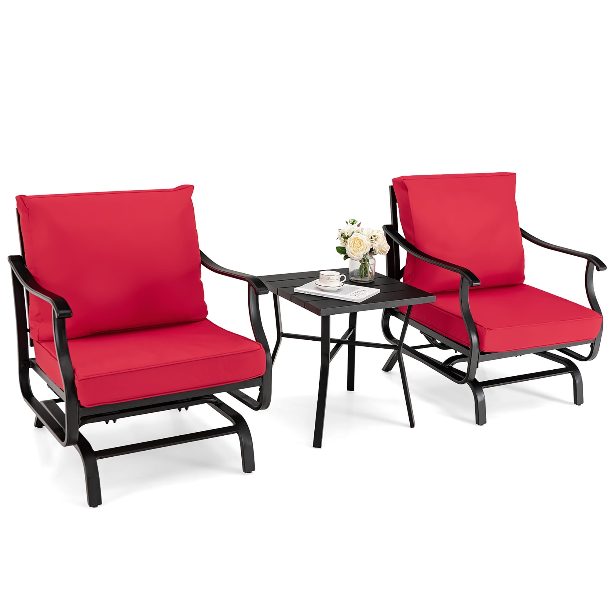Costway 3PCS Patio Rocking Bistro Set Cushioned Chair Armrest Side Table Red