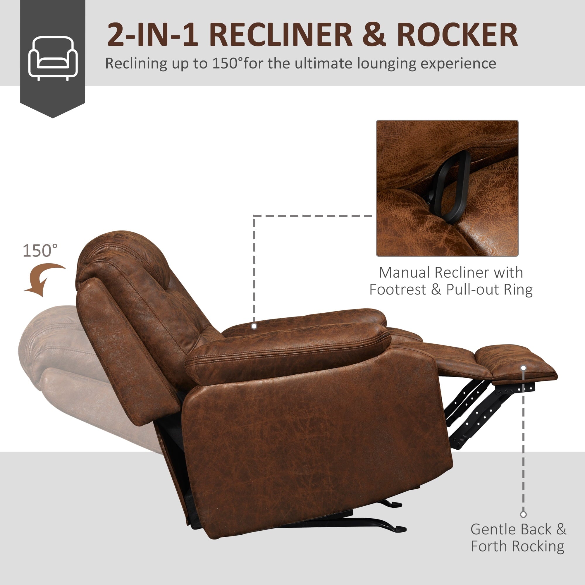 HOMCOM Overstuffed Manual Recliner Chair with Thick Sponge Padded Headrest and Armrest, and Rocking Function, Brown