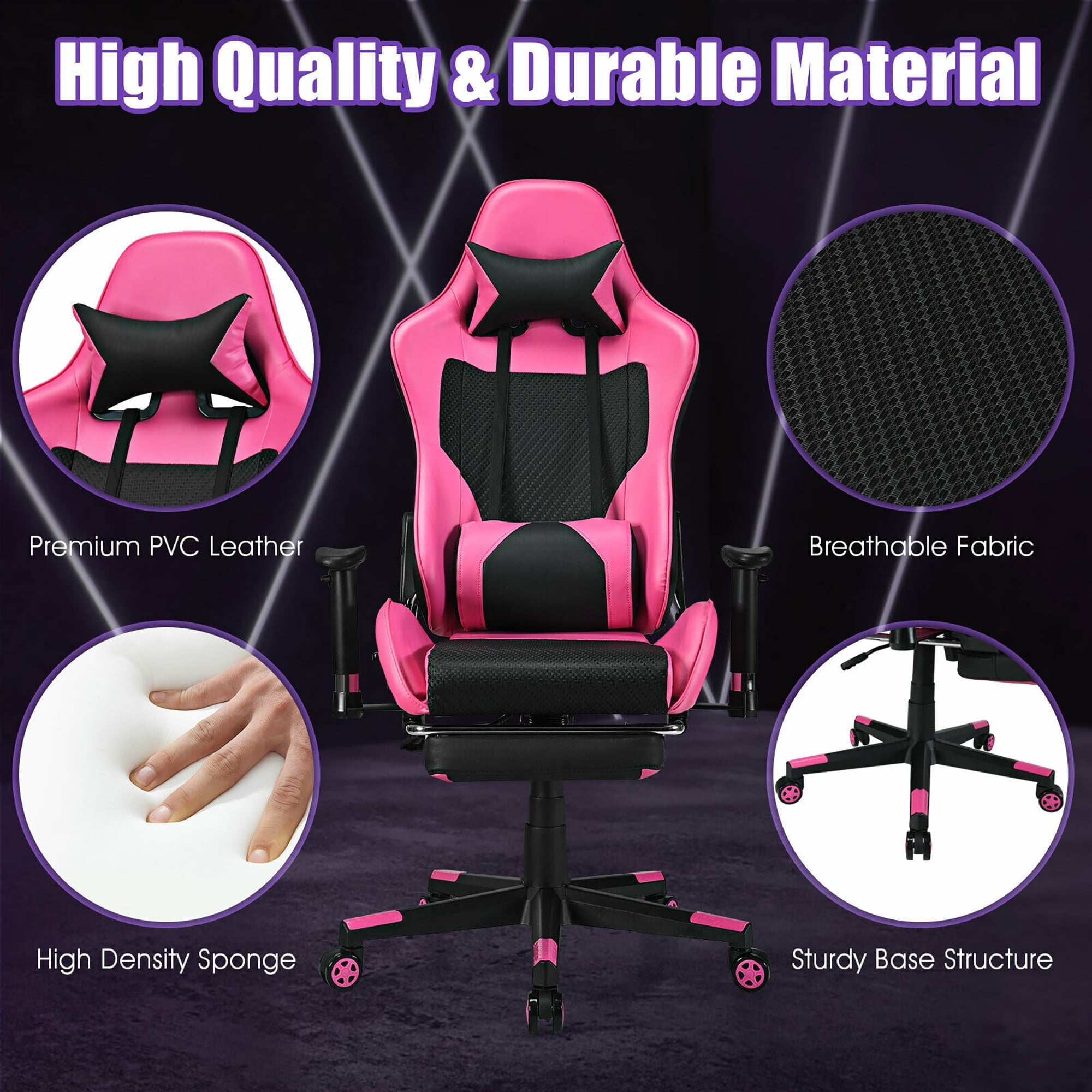 Costway Massage Gaming Chair Reclining Racing Office Computer Chair with Footrest Pink