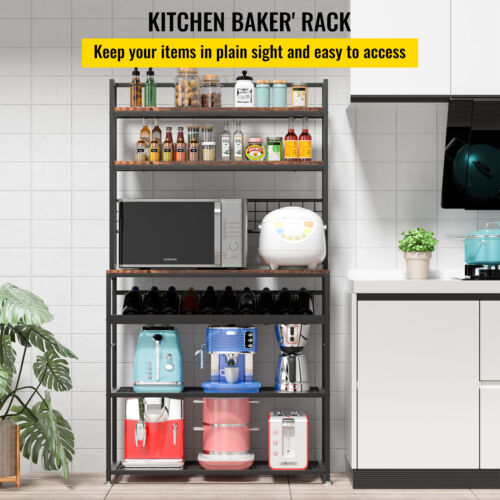 VEVOR Kitchen Bakers Rack with Cabinet 6-Tier Storage Shelf Rack 11 Hooks 65"H