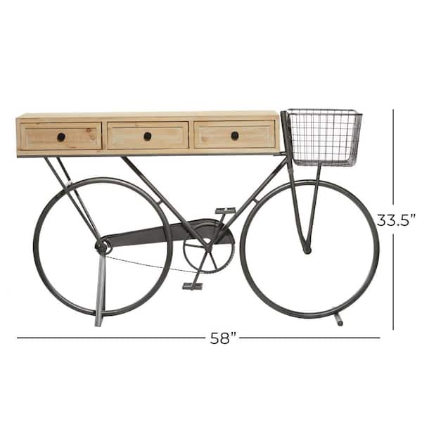 58 in. Black Extra Large Rectangle Metal 3 Drawers Bike Console Table with Brown Wood Top