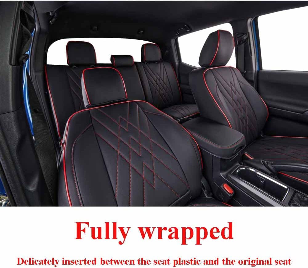 EKR Custom Fit Tacoma Leather Car Seat Covers for Toyota Tacoma 2016 2017 2018 2019 2020 2021 2022 2023 /Double Cab - Full Set,Leather(Black with Red Trim)