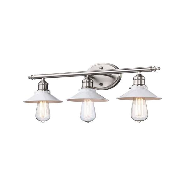 Glenhurst 25 in. 3-Light Industrial Farmhouse White and Brushed Nickel Bathroom Vanity Light Fixture with Metal Shades