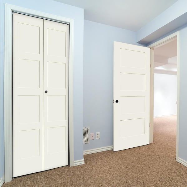 30 in. x 80 in. Solid Wood Primed White Unfinished MDF 4-Panel Shaker Bi-Fold Door with Hardware