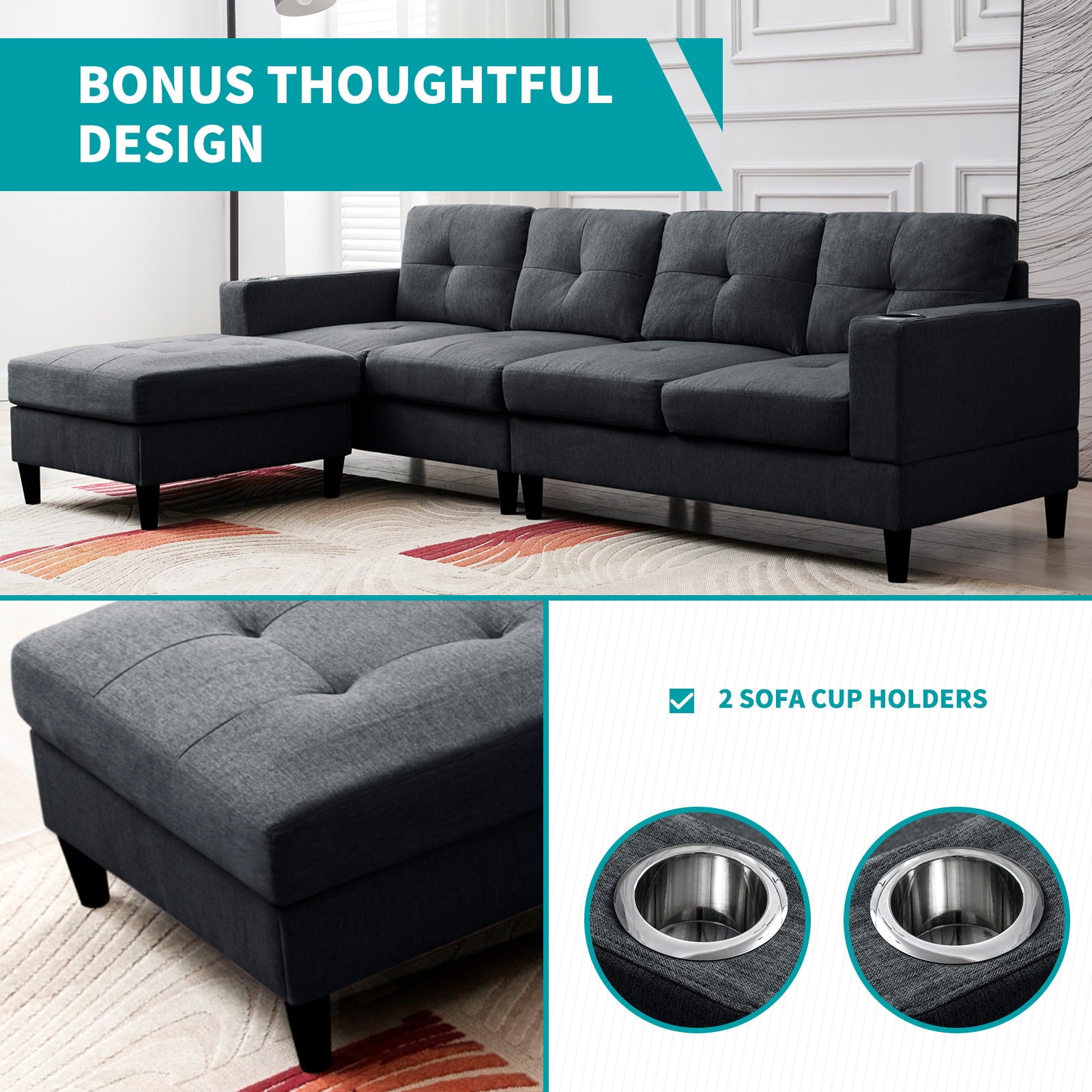 Mjkone Reversible Sectional Sofa, 4 Seat L-Shape Sofa Couches for Living Room, Convertible Sectional Couch with Reversible Chaise, Modular Sectional Couch with 2 Cup Holders for Apartment, Dark Grey