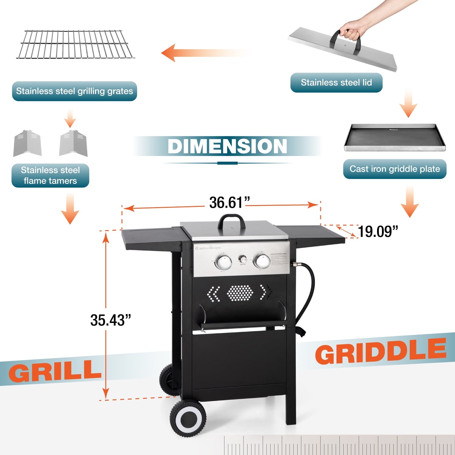 Summit Living 2-Burner Propane Grill and Griddle Cooking Station with Side Shelves Black