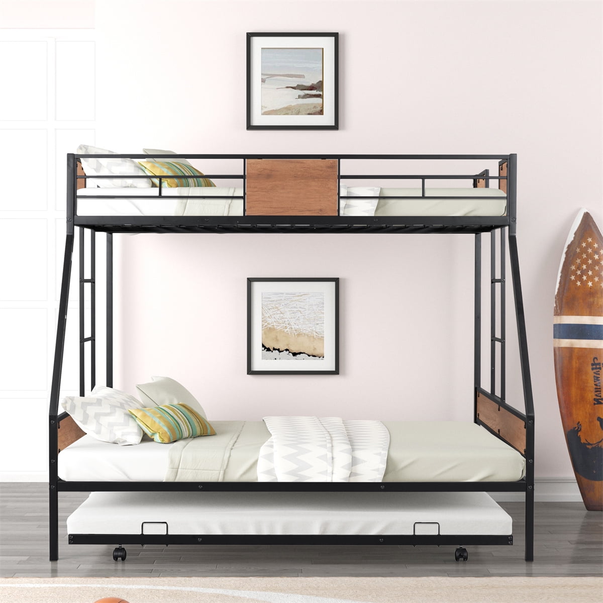 Twin Over Full Bunk Bed, Bunk Bed Frame with Trundle for Kids Teens Adults, Heavy Duty Metal Bed Frame with Full-Length Rail and Two Side Ladders for Dormitory Bedroom, No Box Spring Needed, Black