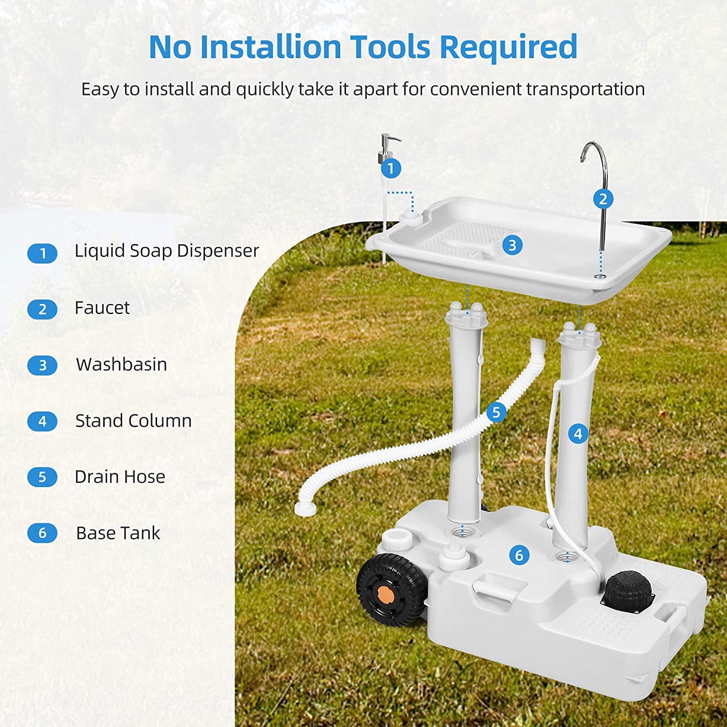 Portable Camping Sink with Rolling Wheels, Hand Washing Station with 30 L Water Capacity, Soap Dispenser, Towel Holder, Ideal for Outdoor