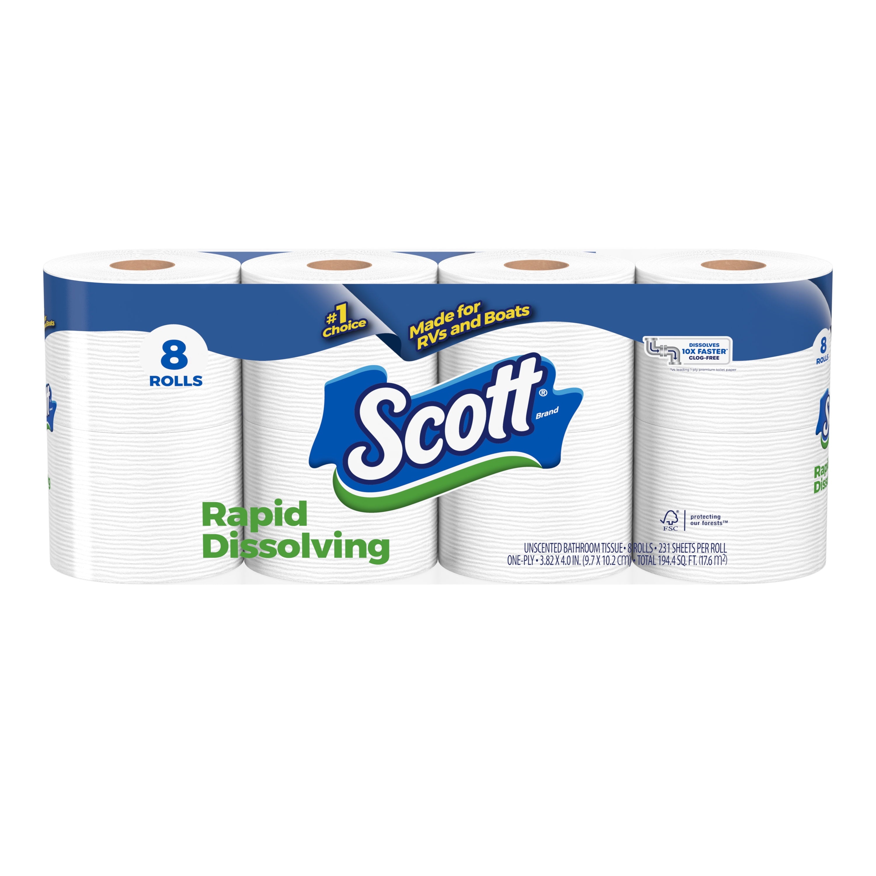 Scott Rapid-Dissolving Toilet Paper, 8 Double Rolls, 231 Sheets Per Roll (1,848 Total)