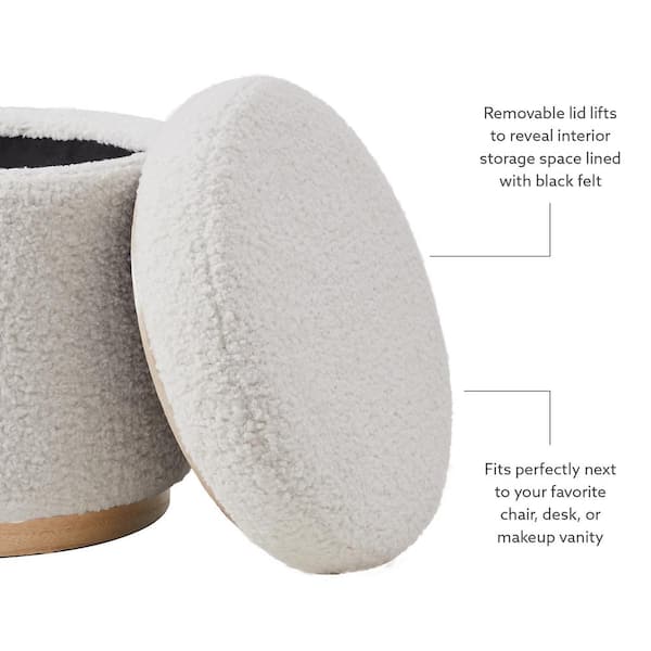 Savoy Cream Sherpa Storage Ottoman with Natural Wood Accents