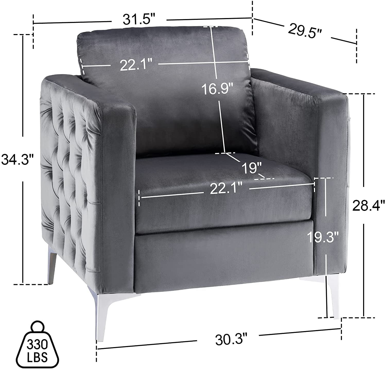 Mcombo Velvet Accent Club Chair, Single Sofa Chair, Armchair 4066 (Grey)