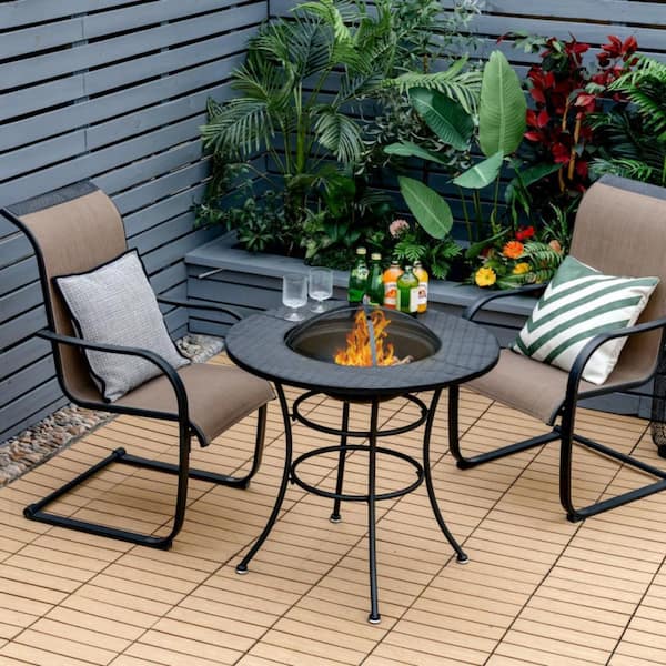 31.5 in. Black Metal Patio Fire Pit Table Outdoor Dining Table with Cooking BBQ Grate