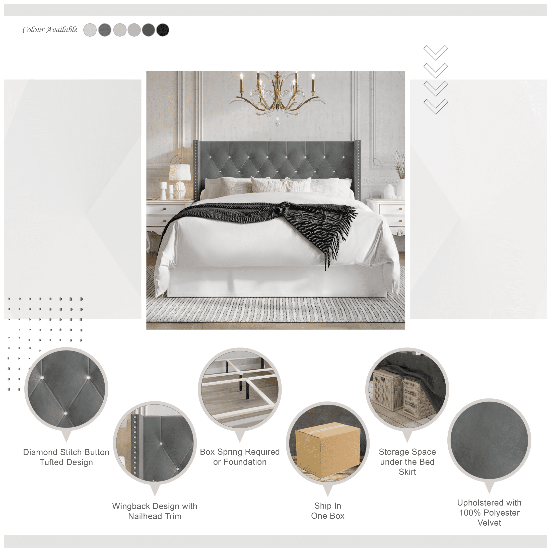 Castle Place Button Tufted Wingback Velvet Upholstered Bed, Black, Full