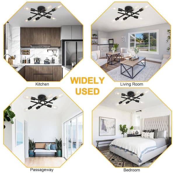 18.9 in. 6-Light Black Sputnik Linear Semi- Flush Mount Ceiling Light Fixture