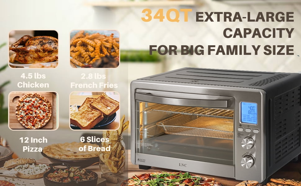 LNC Air Fryer Toaster Oven 12-in-1 Countertop Oven with Speedy Convection, Large 34 QT Capacity, 1750W, Stainless Steel - Black