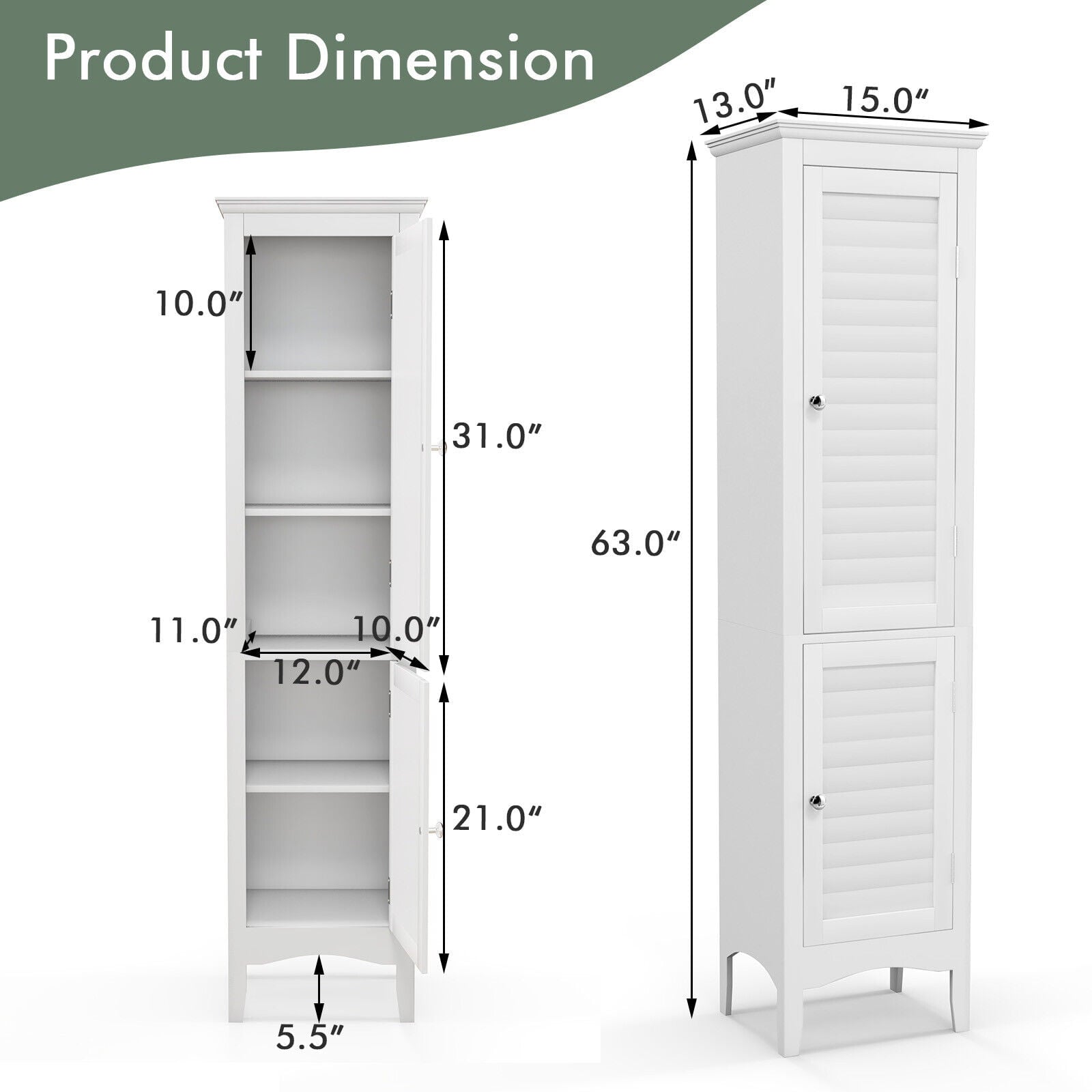 Vicamelia Bathroom Floor Cabinet Narrow Linen Tower w/ 2 Doors & Adjustable Shelf, Tall Kitchen Pantry Cabinet, White