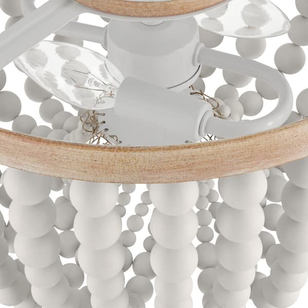 Cayman 13 in. 2-Light White and Faux Wood Beaded Flush Mount Ceiling Light Fixture with White Beaded Shade